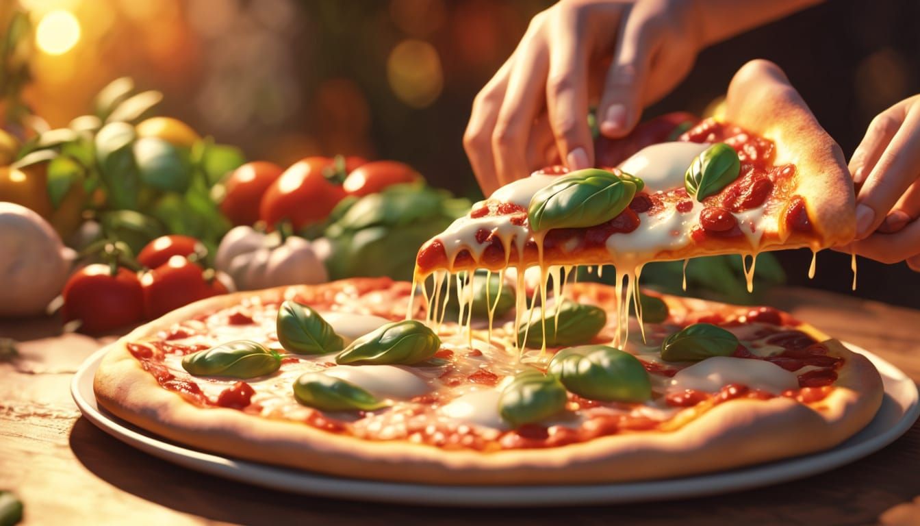Vibrant Digital Art of Person Holding Pizza in Golden Hour