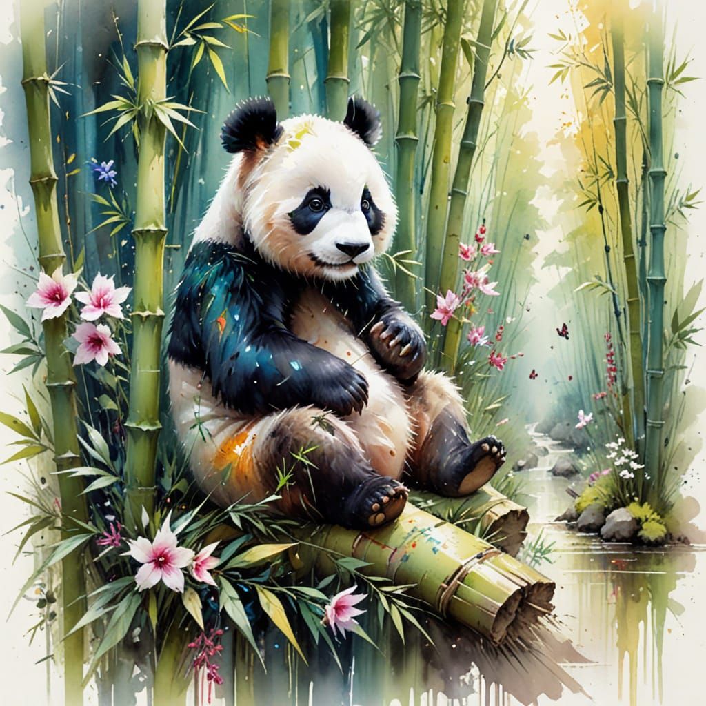 Adorable Panda in Sunlit Bamboo Forest Watercolour