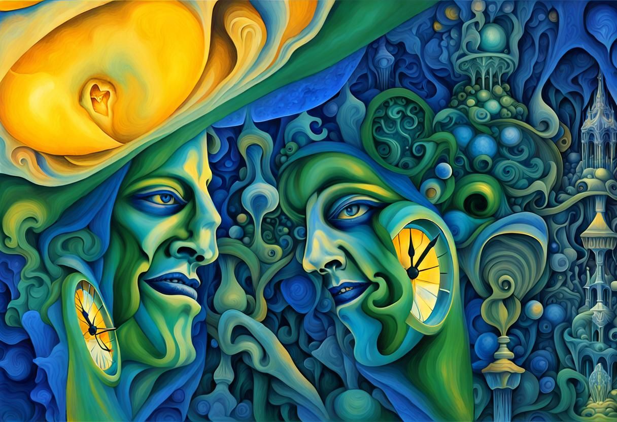 Two yellow jesters with lapiz lazuli cristal clock heads, Mescaline and DMT art, H.R. Giger, M.C. ESCHER, distorted pers...