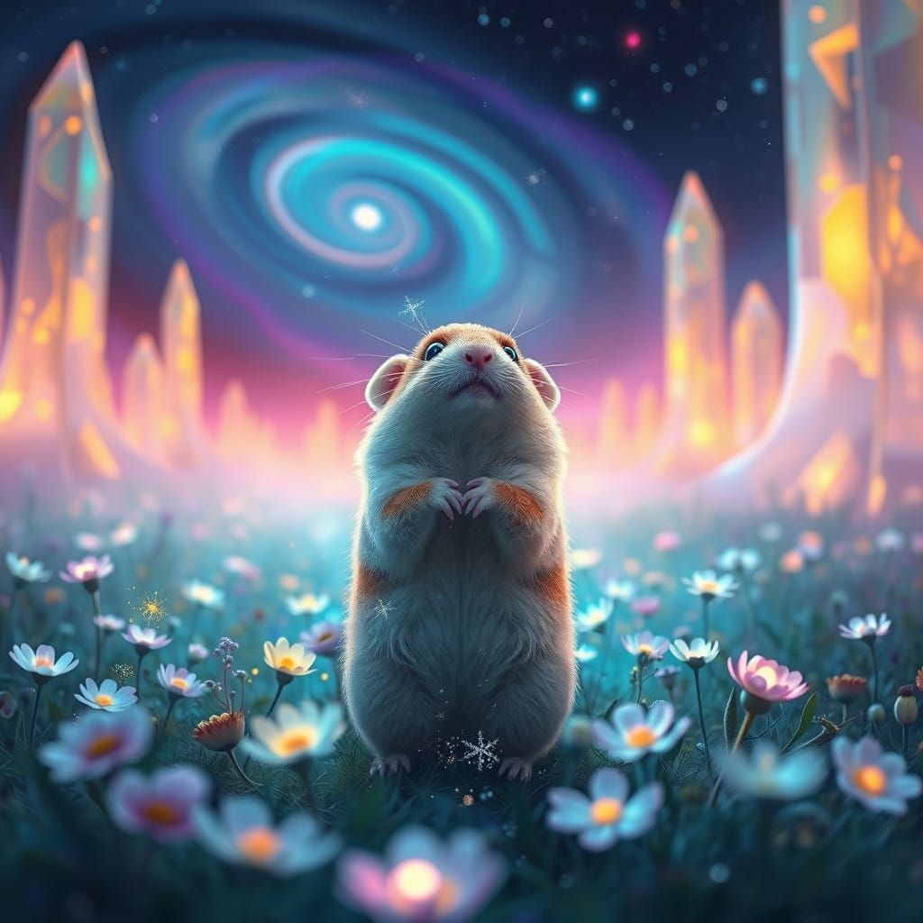 Cosmic Hamster Exploring Vibrant, Iridescent Meadow