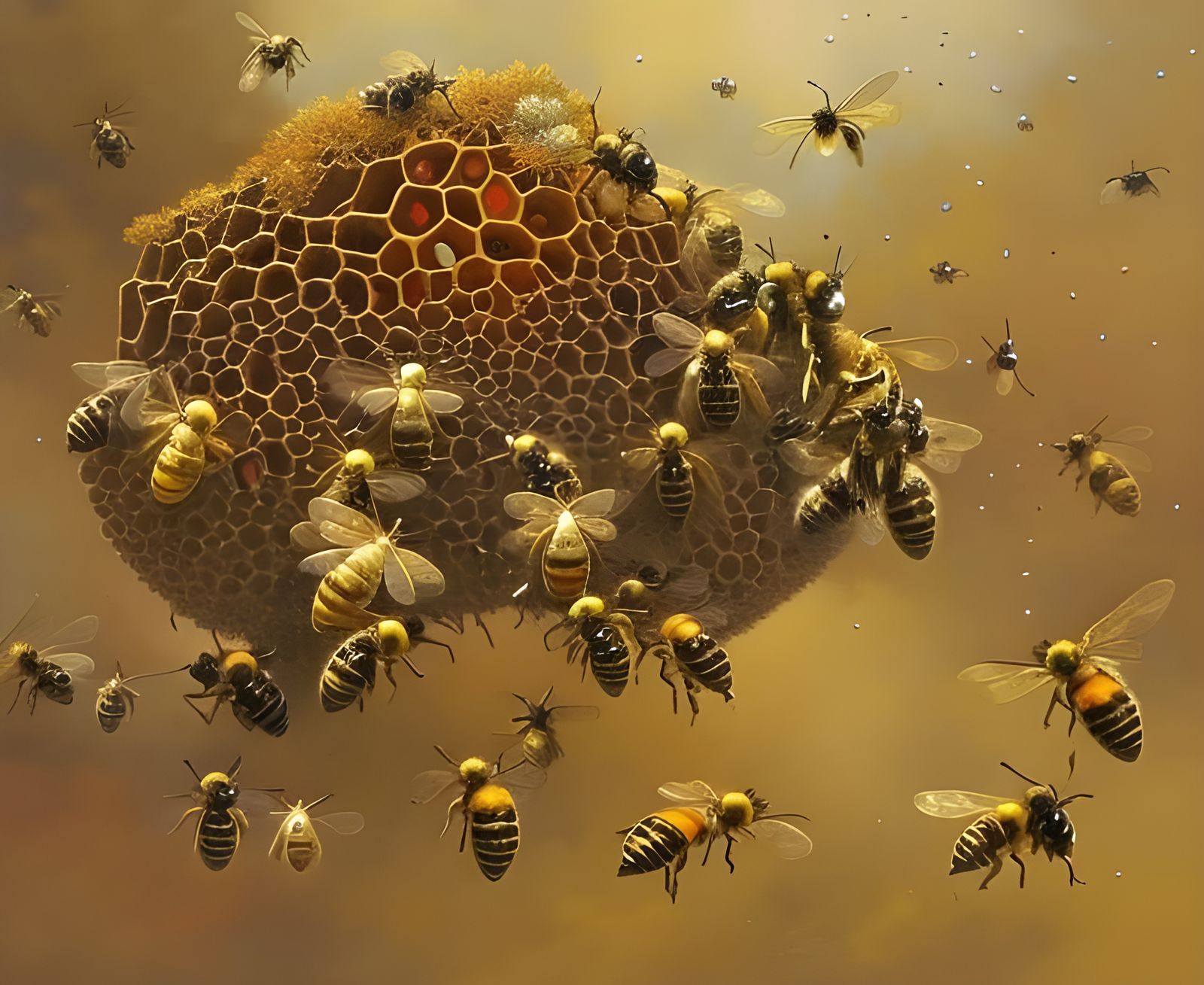 Golden Beehive with Dripping Honey, Detailed Digital Art