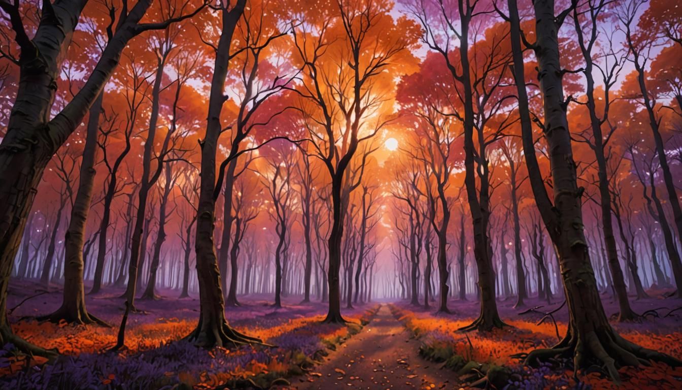 Mystical Sunset Forest in Polychromatic Graffiti Art