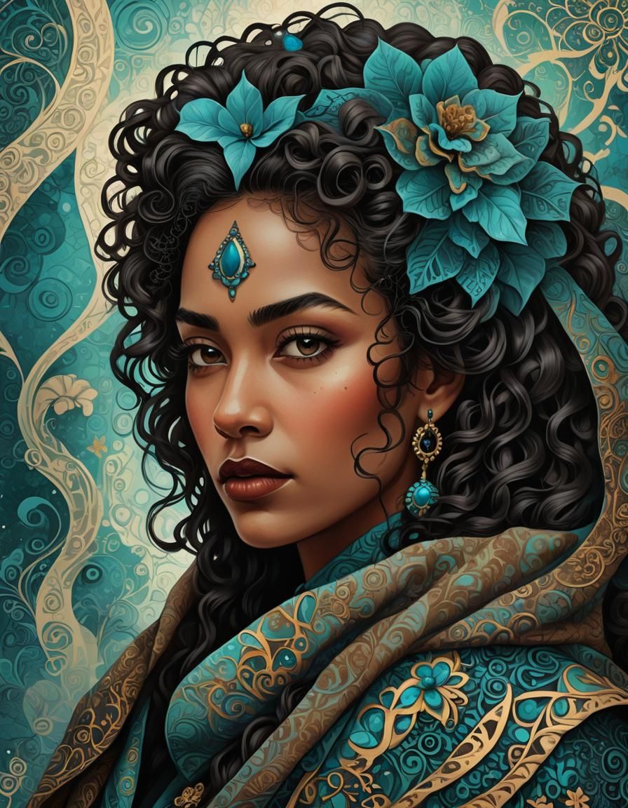 Hispanic Woman in Cloak with Zentangle Background