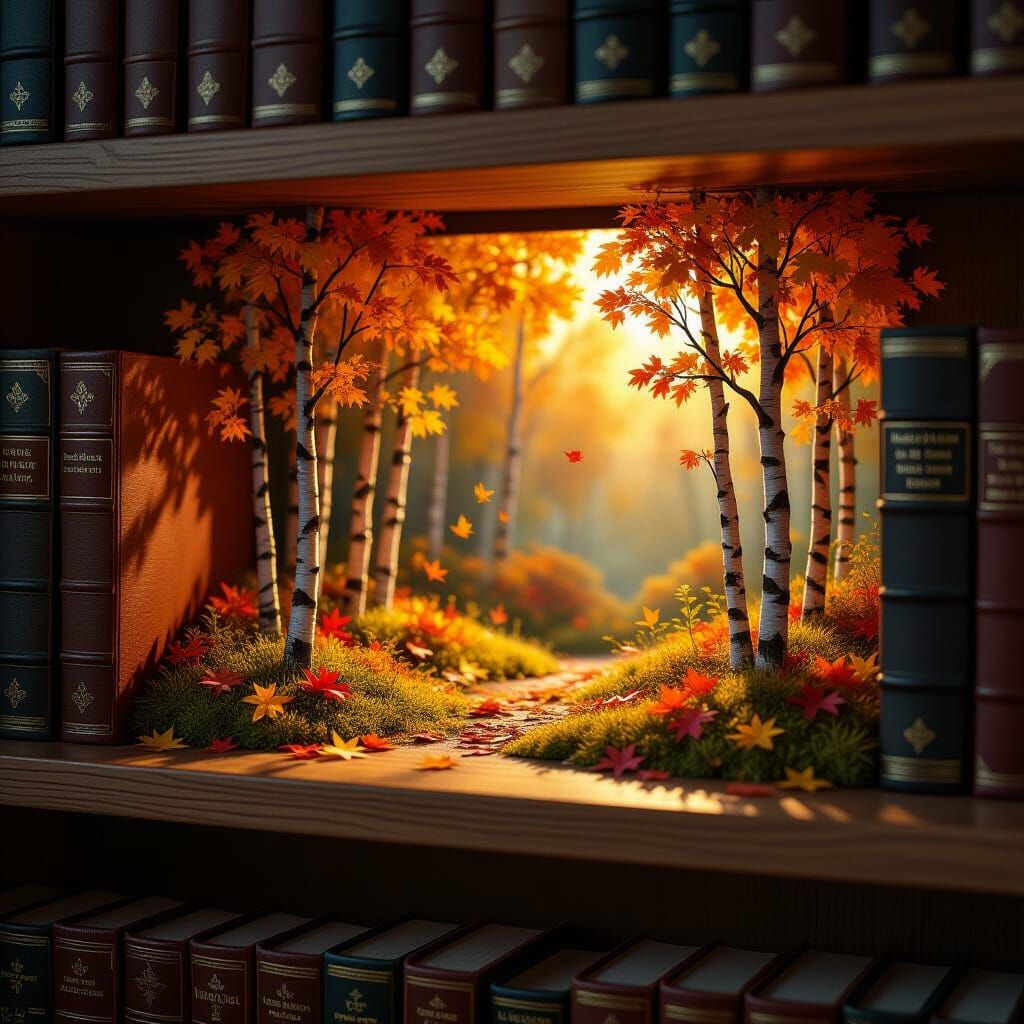 Autumn Forest Within Bookshelf, Digital Matte Painting