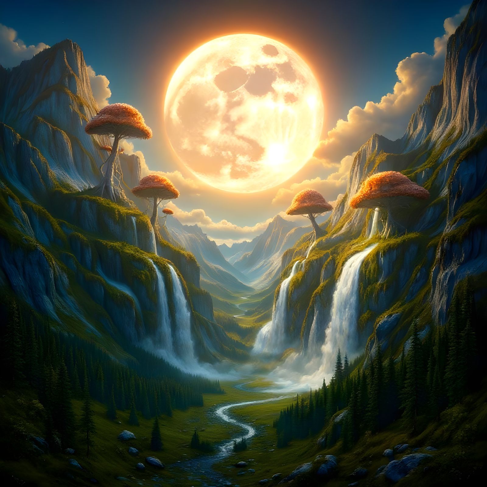 Glowing Moon Crash Landscape with Mushroom Trees