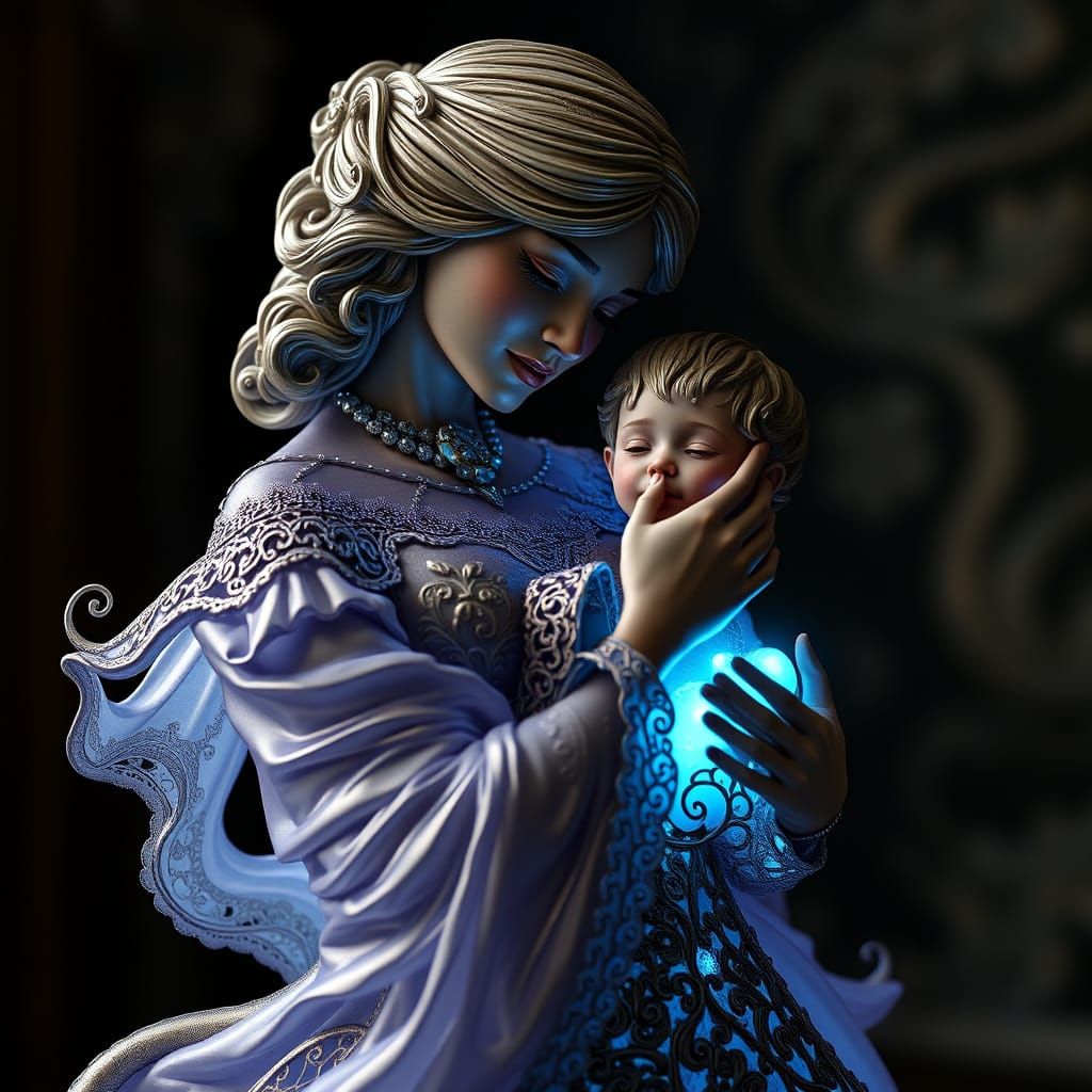 Motherly Figure and Child in Lavender-Blue Glow