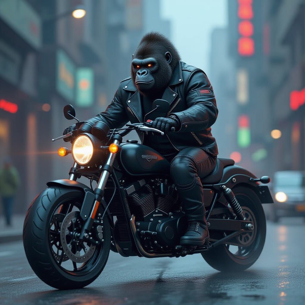 Gorilla Biker in Urban Cyberpunk Style
