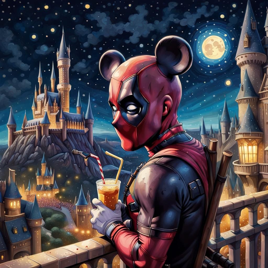 Deadpool at Hogwarts Drinking Butterbeer, Pointillism Style