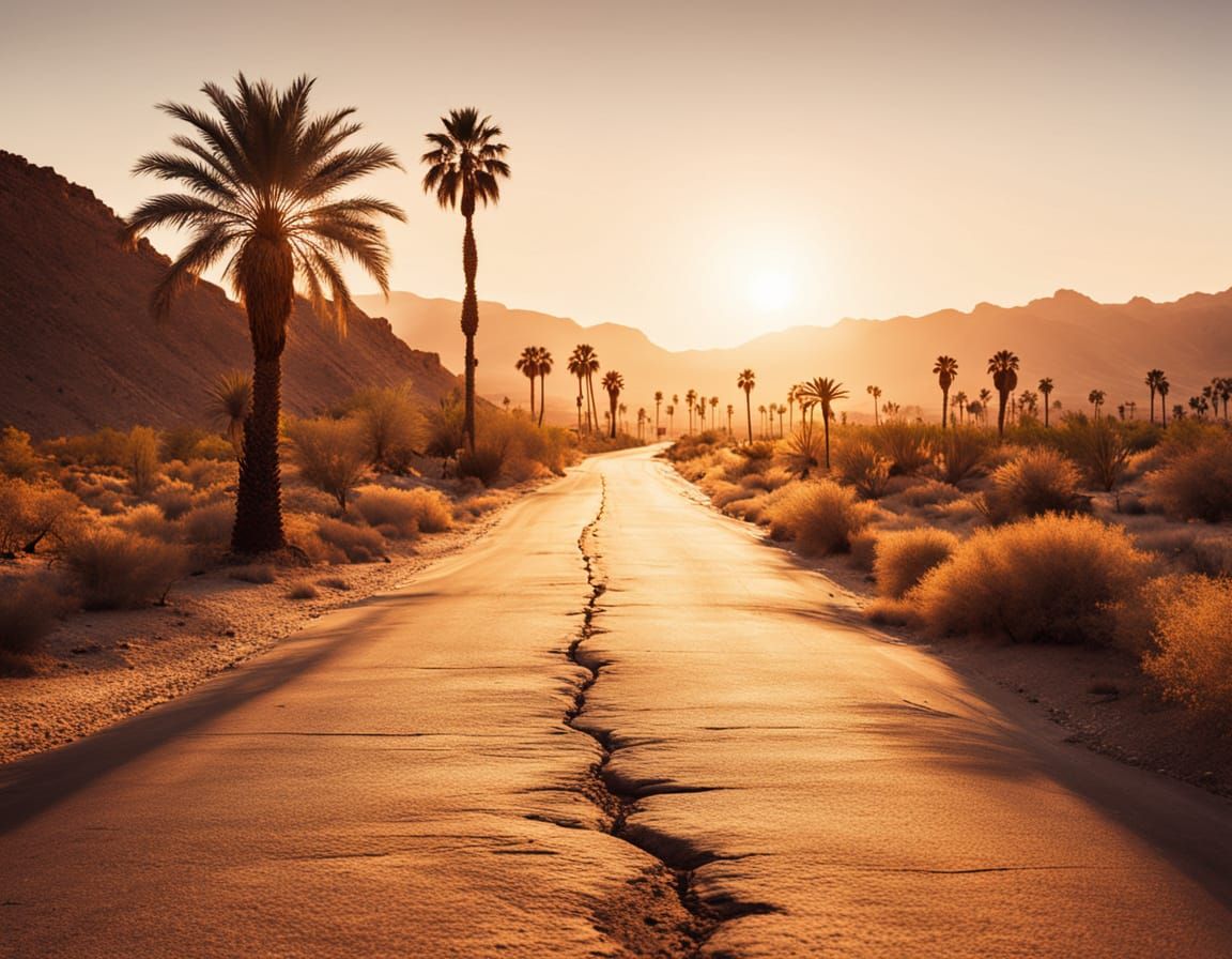 Golden Hour Desert Highway to Californian Mission Hotel