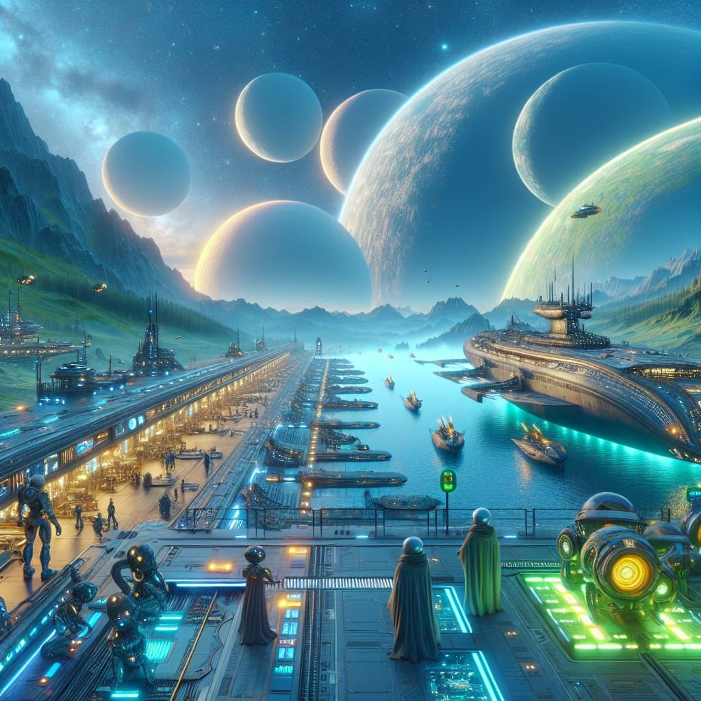 Futuristic Spaceport Scene with Lush Planet and Spaceship