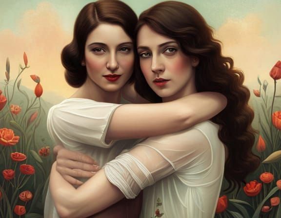 Mid-Forties Female Friends Hugging, Hyperdetailed Portrait