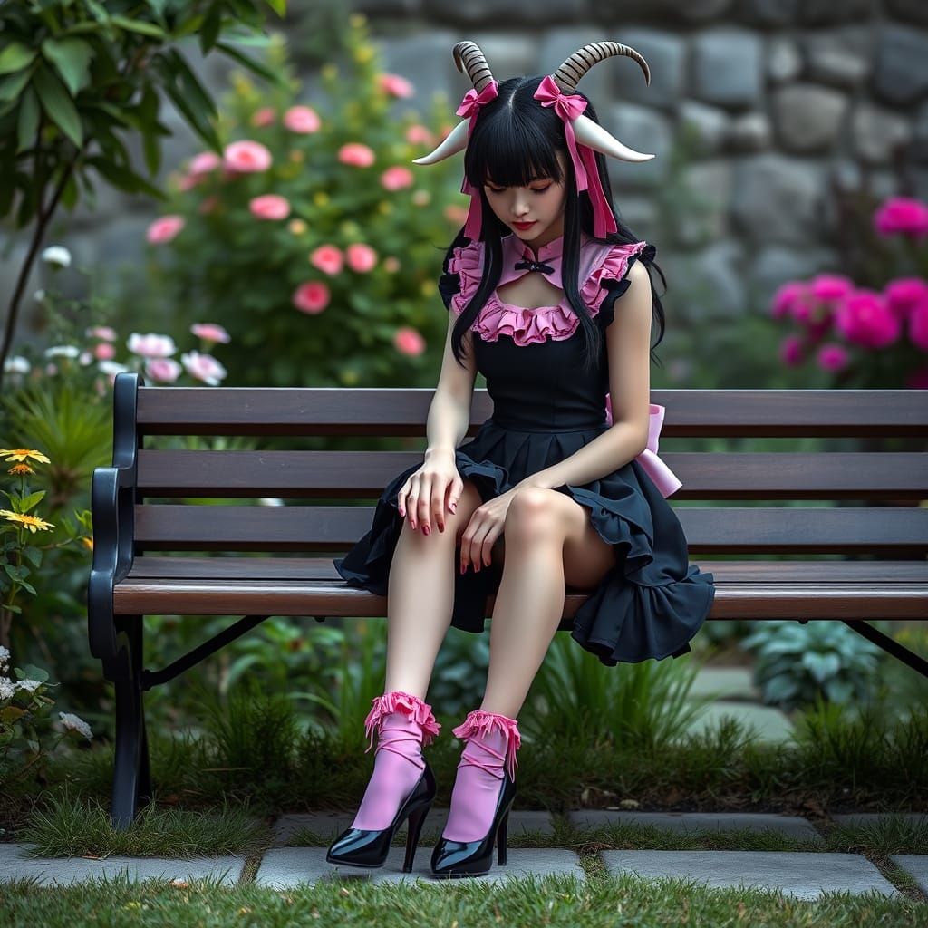 Goatfolk Maid in Garden Taking Off High Heels