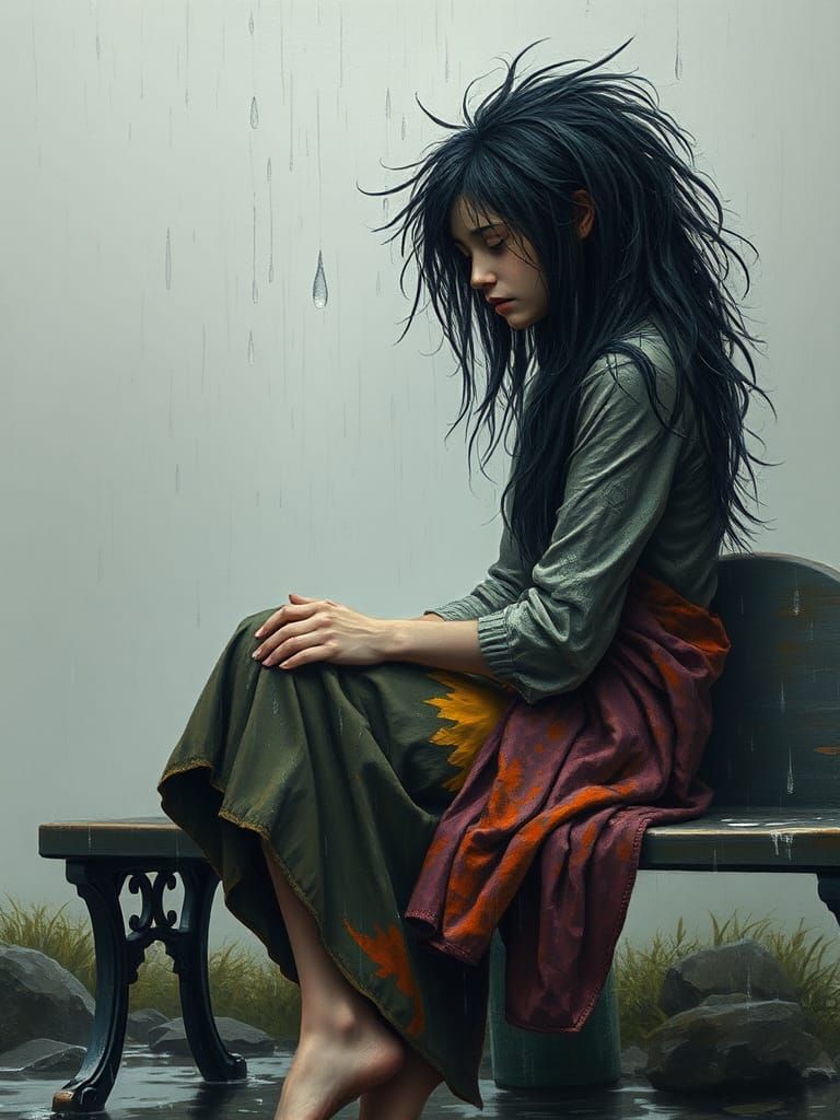 Melancholic Woman in Rain, Digital Painting