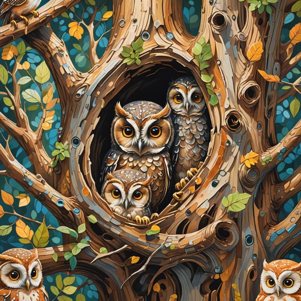 Owl Family in Hollow Tree: Gouache Impressionism
