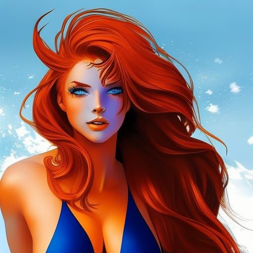 Hyperrealistic Ginger Girl in Blue Bikini