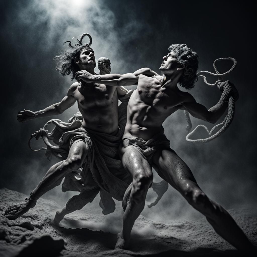 Perseus and Medusa Lunar Battle in Dark Comic Style