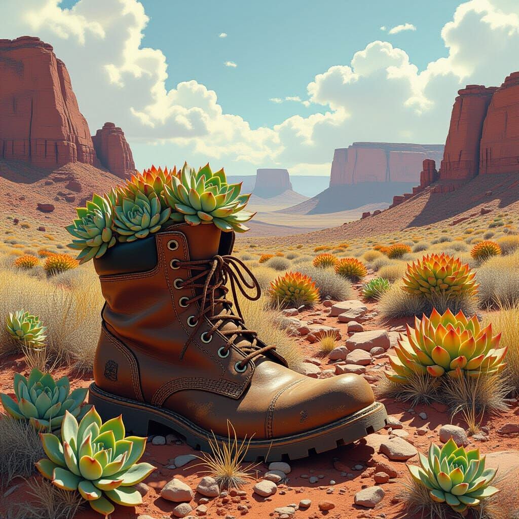 Boots Overgrown with Succulents in Rocky Wilderness