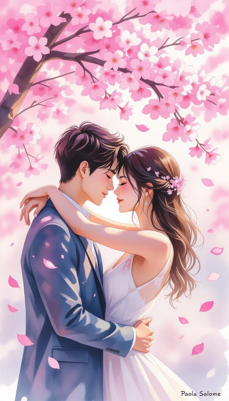 Couple Embracing Under Cherry Blossoms in Watercolor