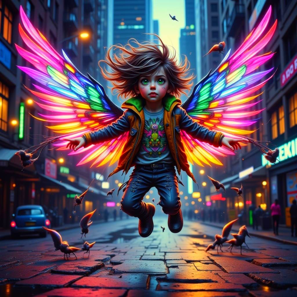 Whimsical Child Soars with Glowing Neon Wings in Urban Night