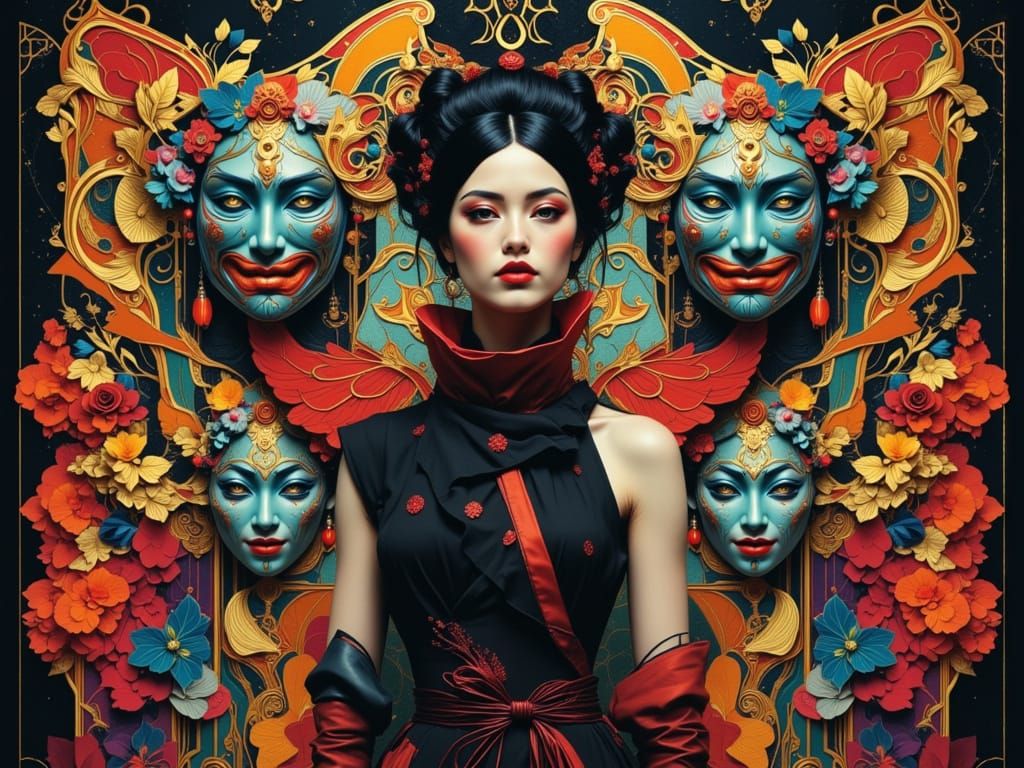 Chiyoko in Boots Before Kibuki Masks, Art Nouveau Style