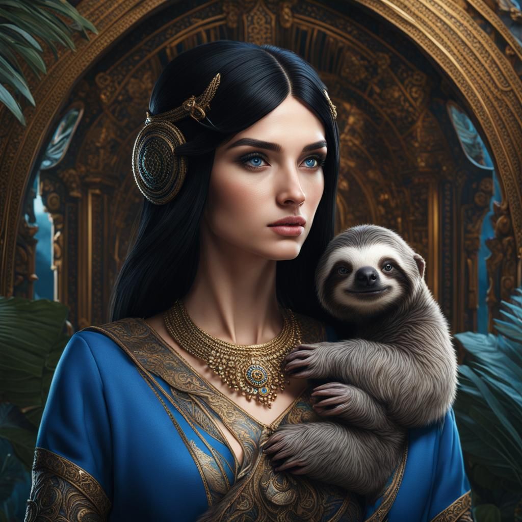 Woman with Sloth: Detailed Fantasy Art