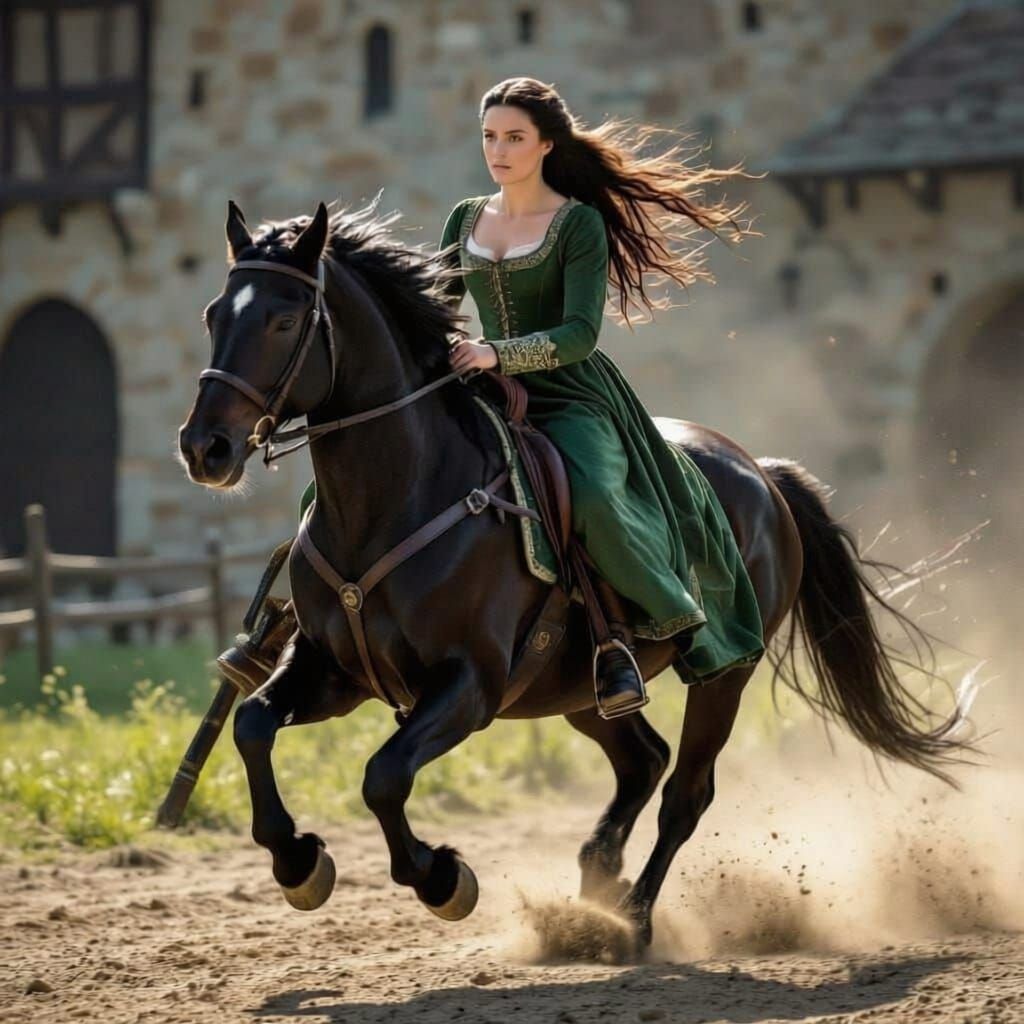 Woman Galloping on Horseback in Medieval Epic Scene