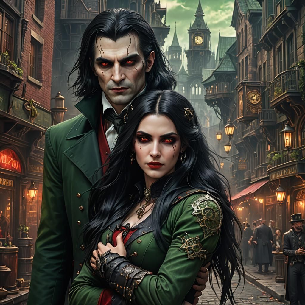 Vampire Count Hugs Girl in Steampunk Gothic City