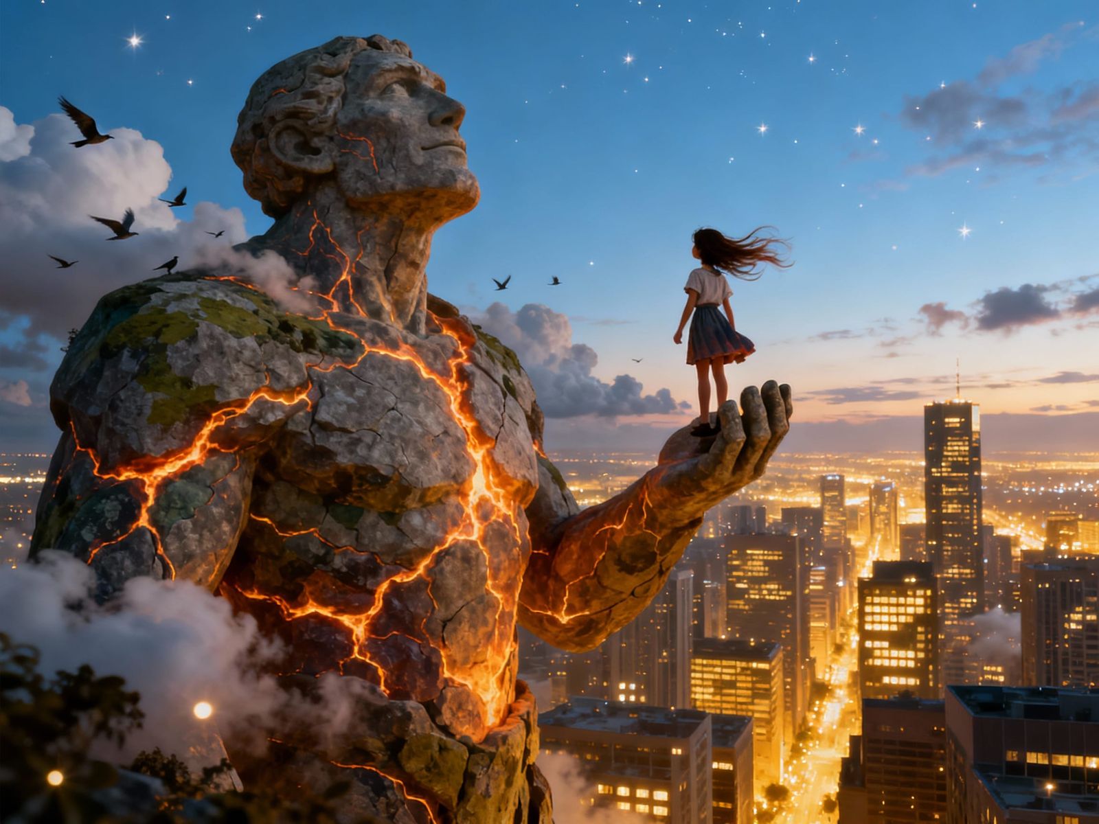 Stone Giant Holds Girl Over Dusk Cityscape