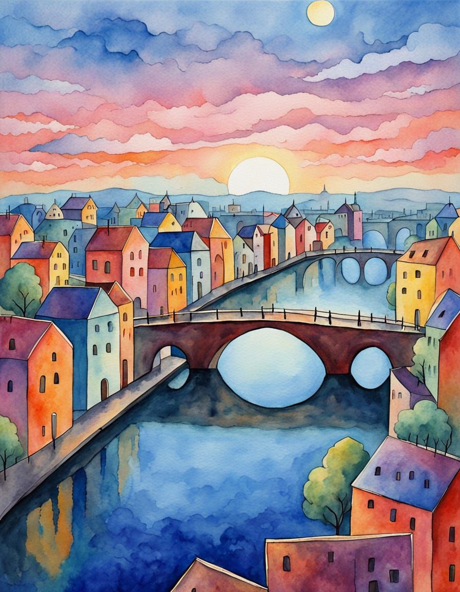 Watercolor. A whimsical cityscape at twilight, with building...