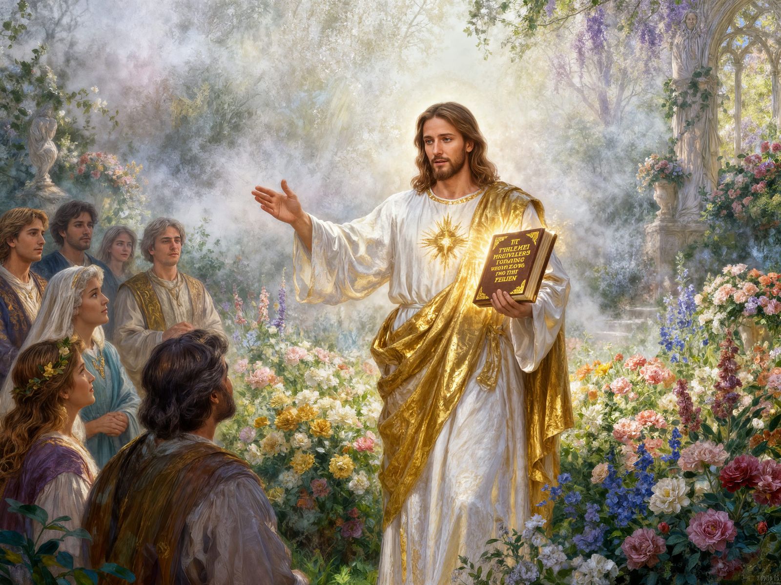 Jesus Explains Bible in Luminous Garden