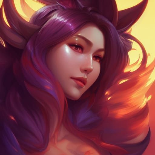 Fiery Ahri Portrait in Hyperdetailed Digital Art Style
