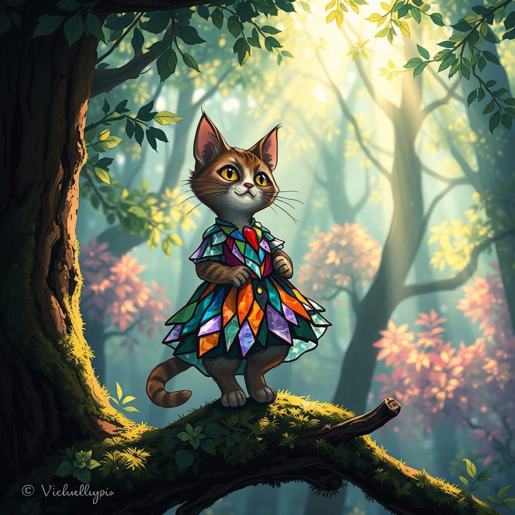 Cat in Stained Glass Dress in Enchanted Forest