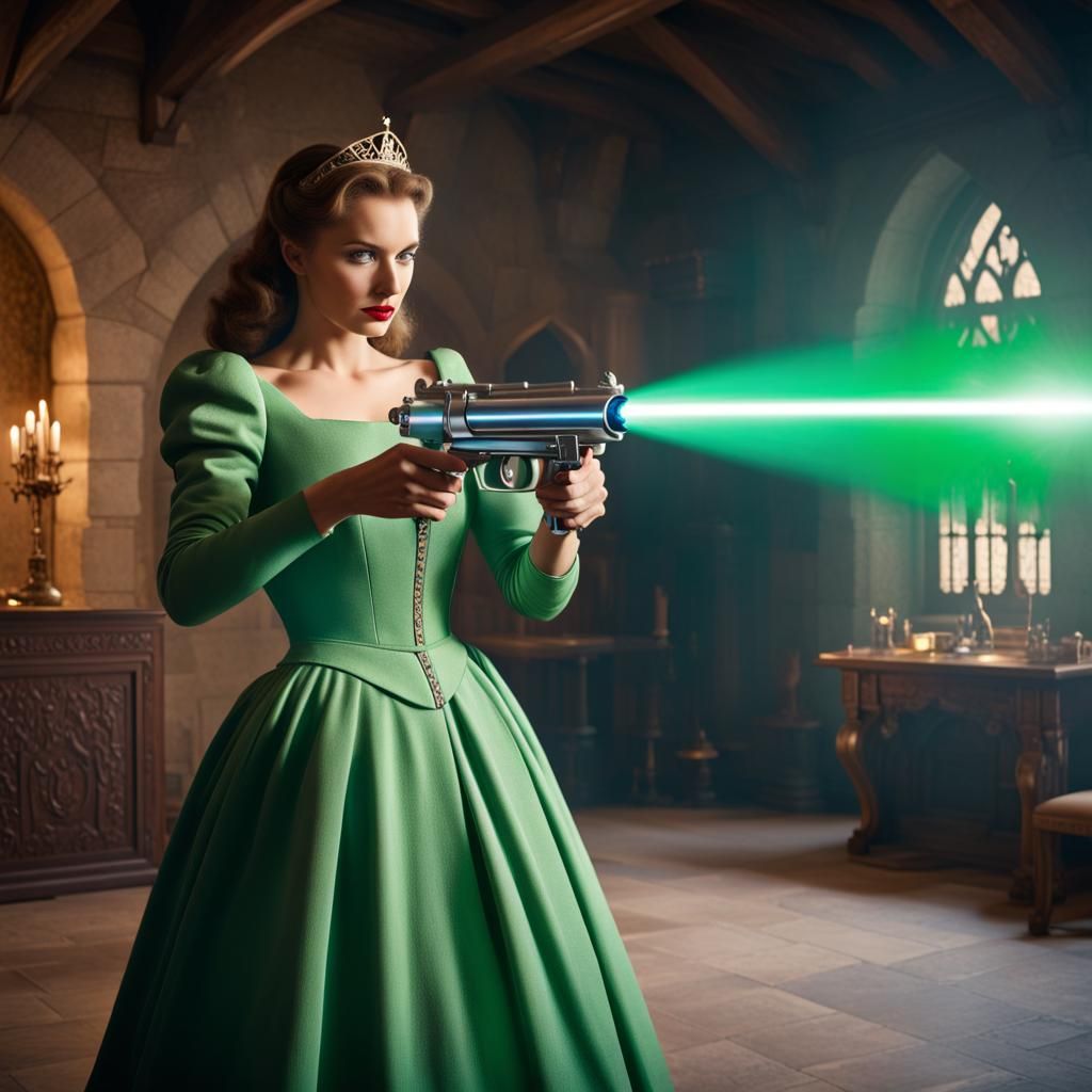 Medieval Princess Fires Laser Gun: Hyperrealistic 8k Image