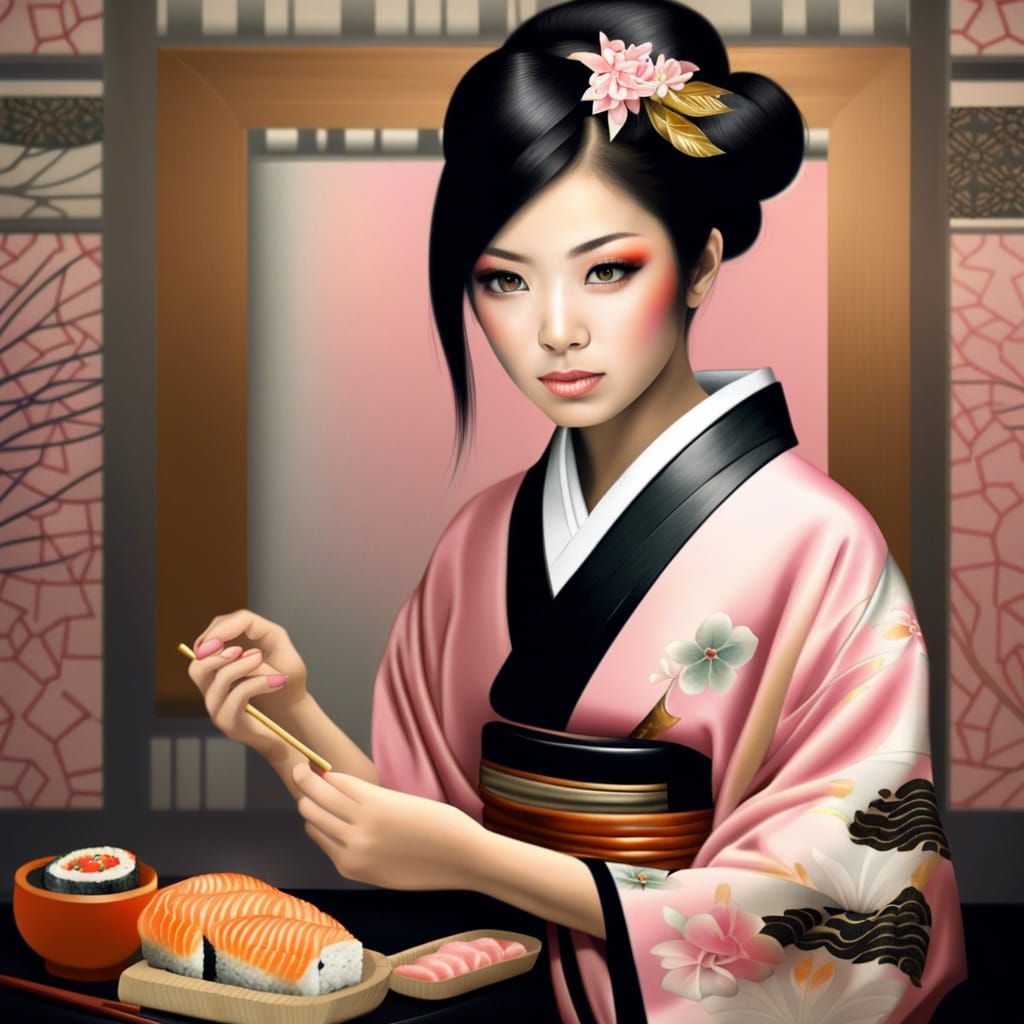 Japanese Woman Cooking Sushi in Photorealistic Style