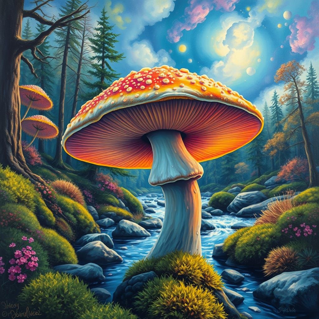 Surreal Neo-Expressionist Forest with Glowing Mushroom