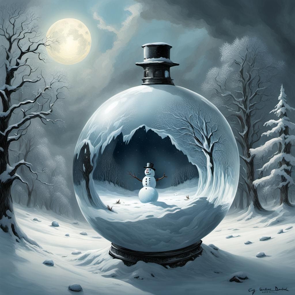 Surreal Snowman in Glass Sphere: Engraving Style