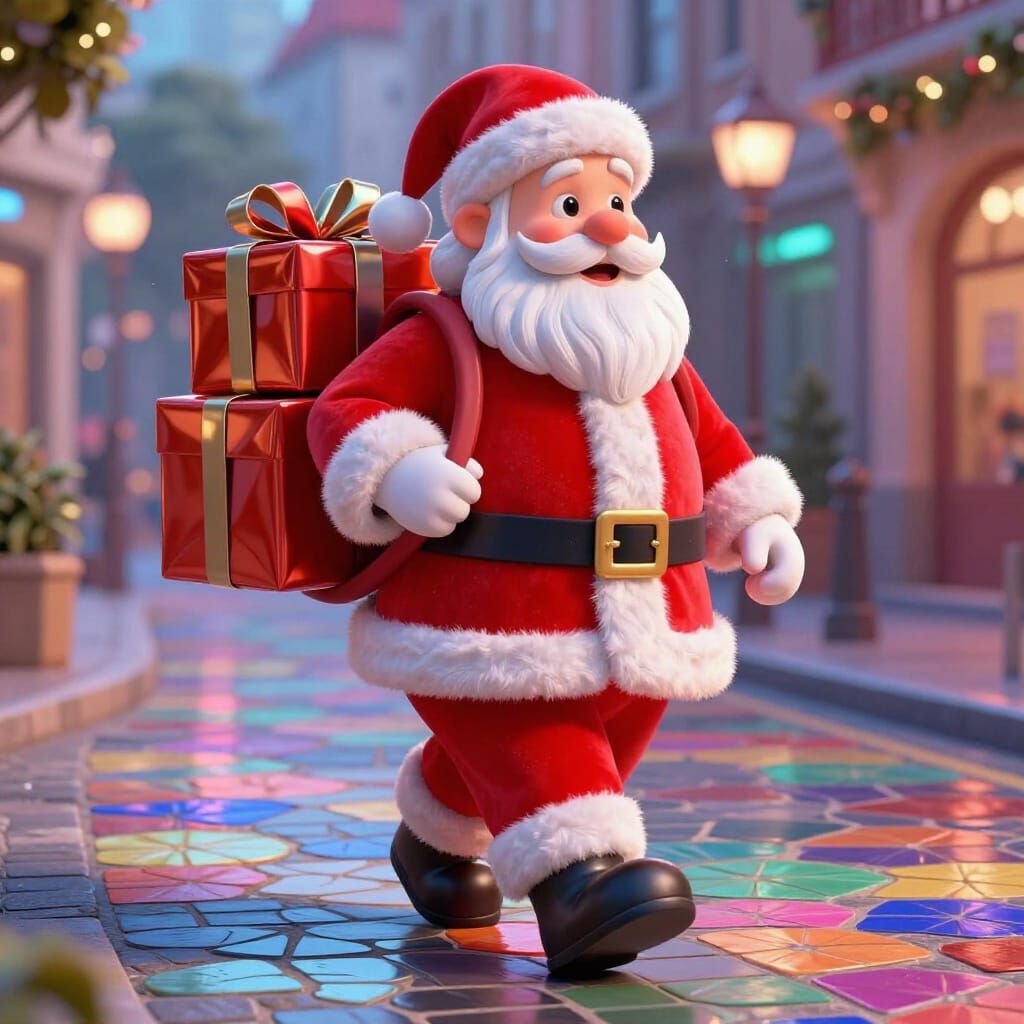 Luminous Santa Claus With 3D Gifts on Mosaic Street
