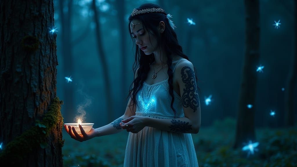 Norse Goddess in Moonlit Forest Glade