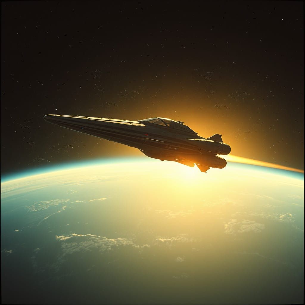 Majestic Sci-Fi Spaceship Descends Towards Radiant Earth