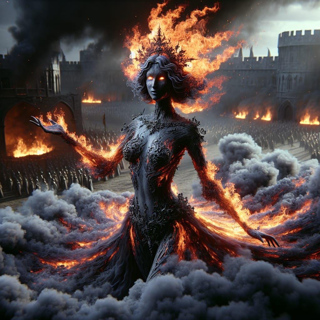 Fiery Queen Emerging from Wildfire in 3D