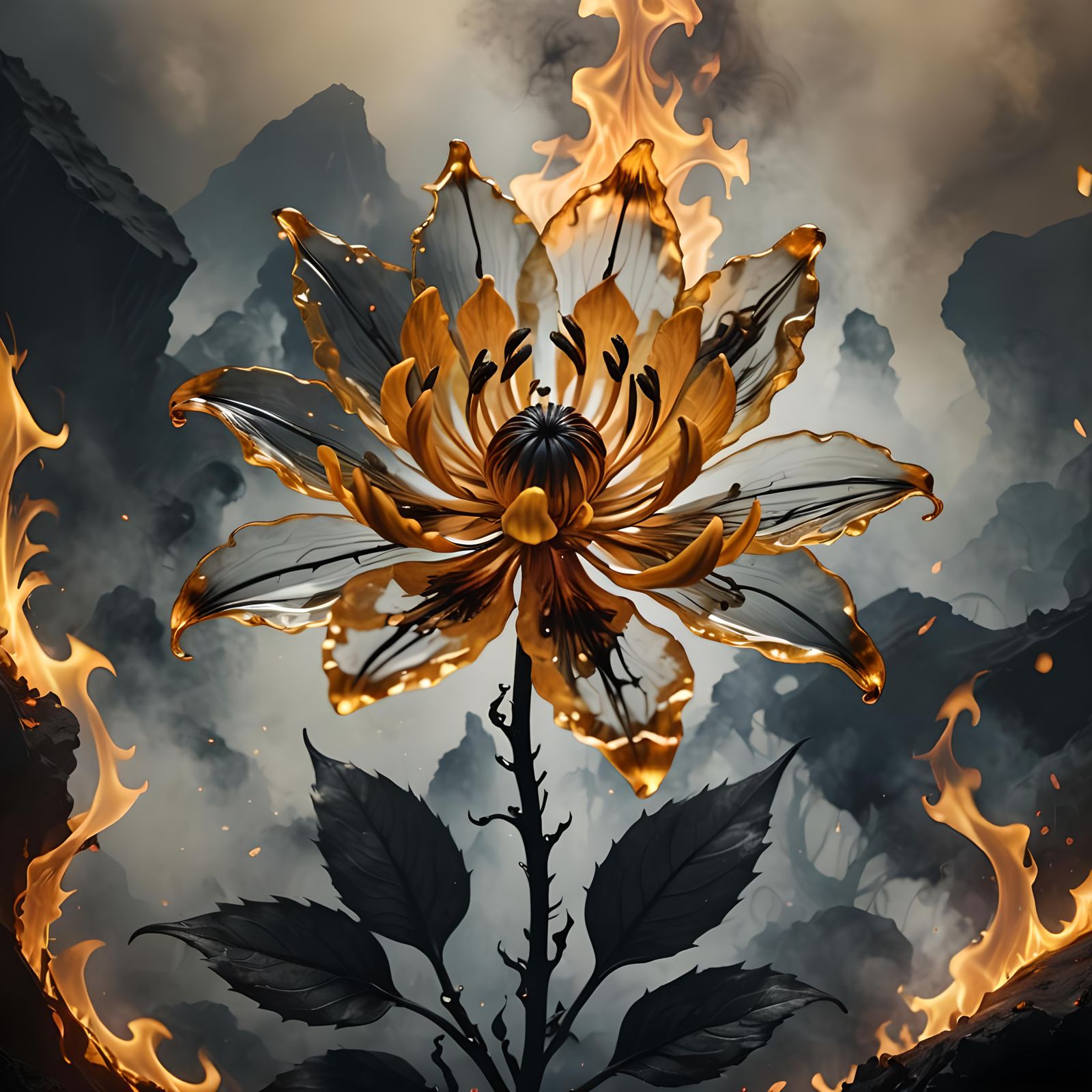 Fiery Flower Silhouette Dissipating in Volcanic Fog