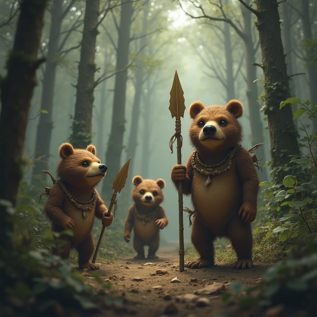 Furry Humanoids in Misty Forest, Hyperrealistic Style