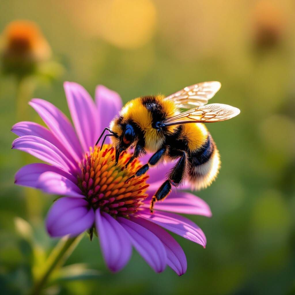 Macro Photo of Fluffy Bumble Bee on Purple Flower