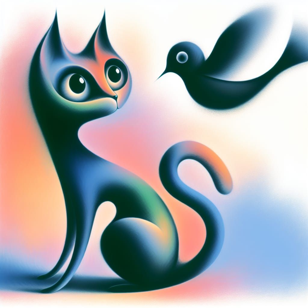 Surreal Cat Gazing at Bird, in Dadaism Style
