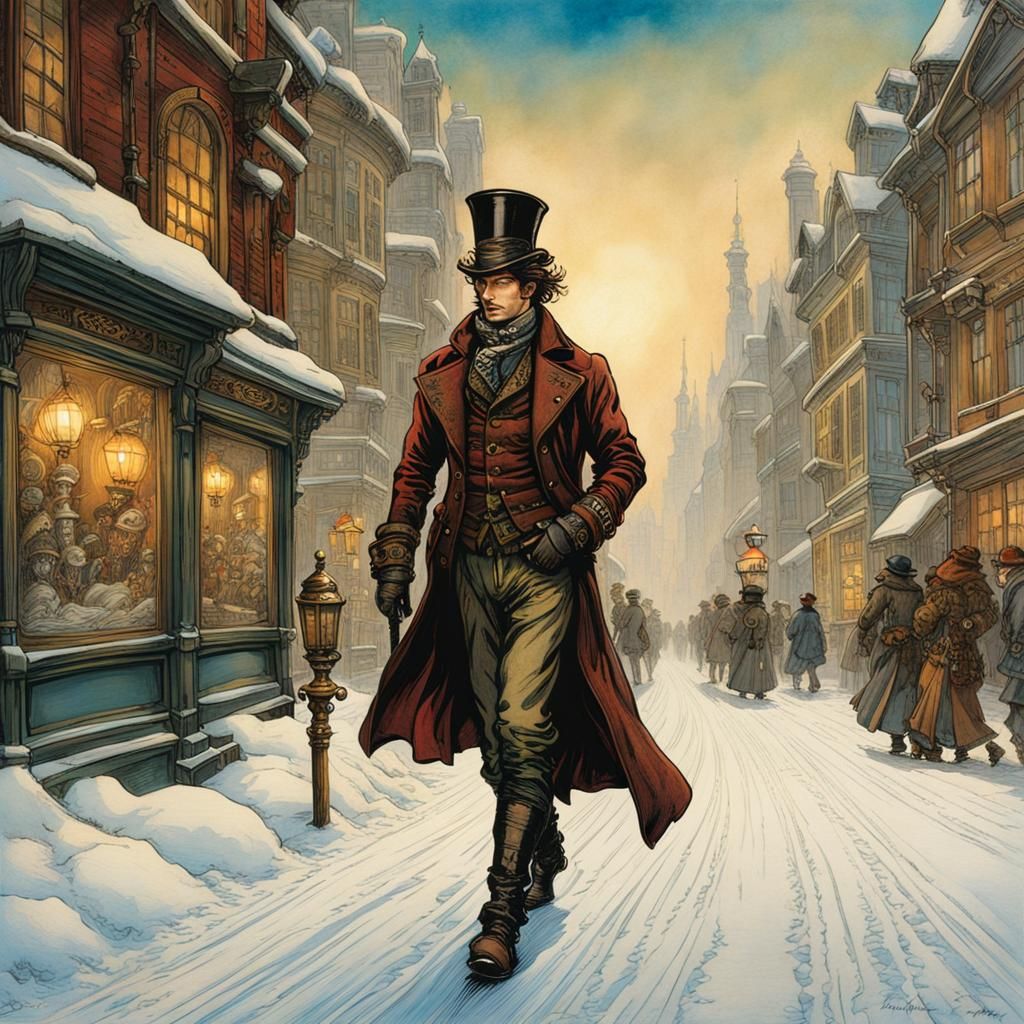 Steampunk Man in Snowy City, Rackham Style