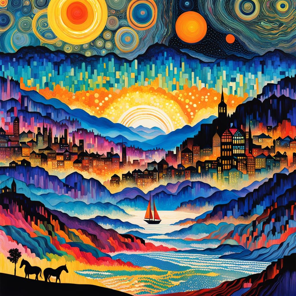 Vibrant Sunset Fantasy Landscape in Whimsical Oil Painting S...