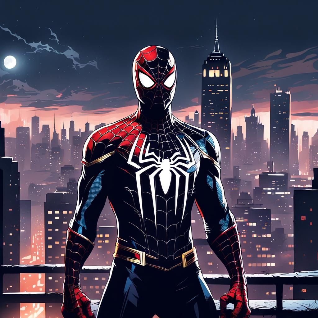 Spider-Man on Gotham Rooftop in Comic Book Style