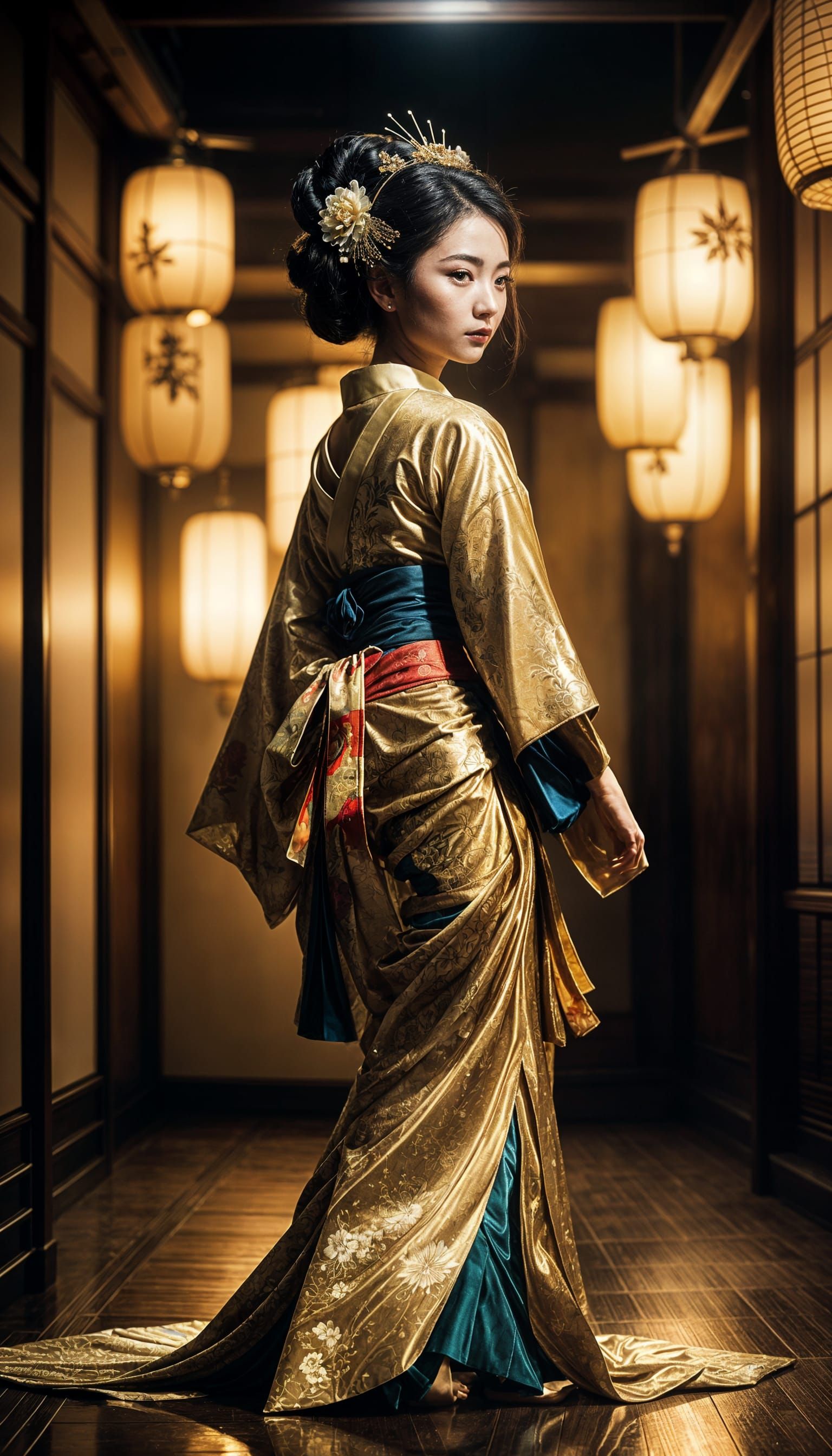 Elegant Geisha in Golden Fantasy Scene