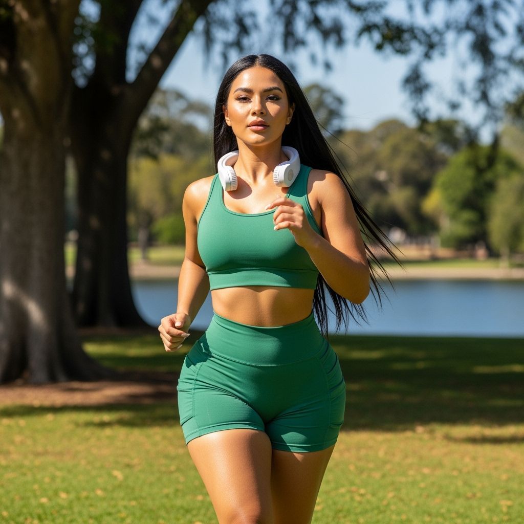 Latina Woman Jogging in Park on Sunny Day