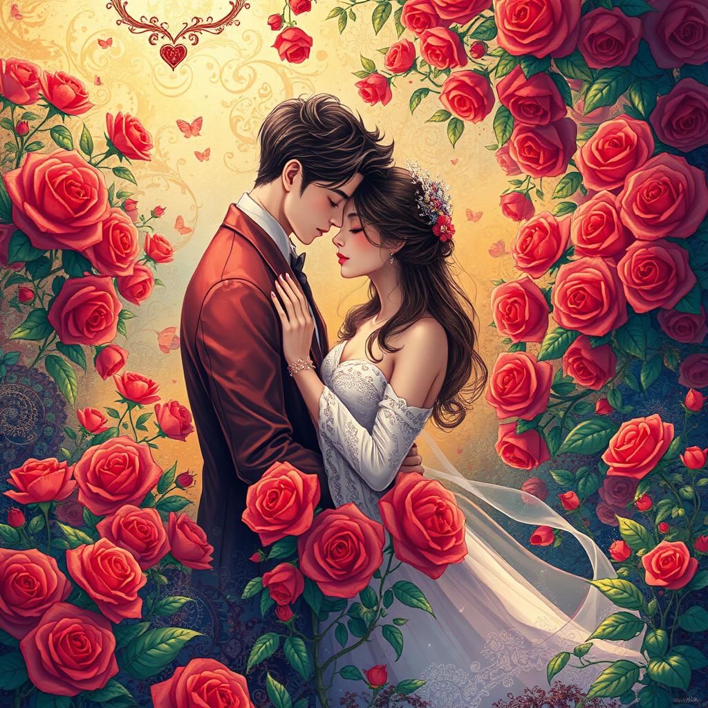 Embracing Couple in Rose Garden, Anime Style